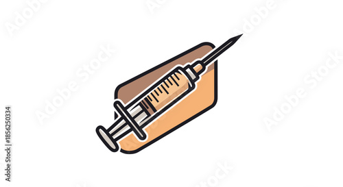 A cartoon syringe with a needle angled slightly inside a rounded rectangle