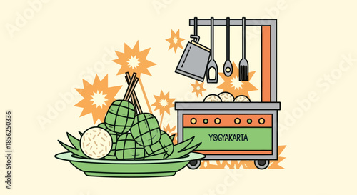 A vector illustration of a street food cart with traditional Indonesian food, and cooking utensils