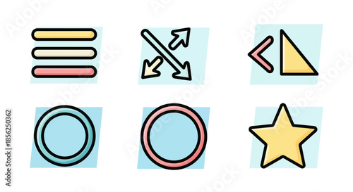 Six simple, colorful icons, including a menu, arrows, triangle, circles, and a star
