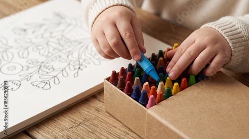 Child hands picking blue wax crayon from box for coloring book activity.