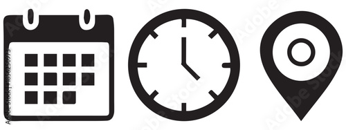 Calendar, Clock & Location Pin Icons: Date, Time, Place .