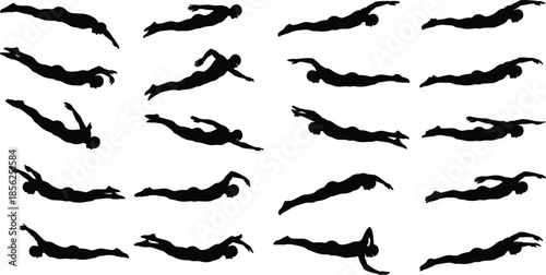 Swimming silhouettes vector collection, professional swimmer freestyle and butterfly poses set, aquatic sport motion illustration, fitness training, competition design elements
