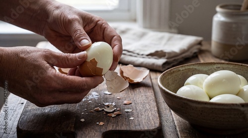 Hands peeling shell from hard boiled egg on rustic wooden board.