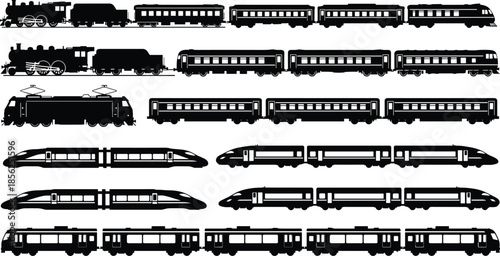 Train silhouettes vector collection, railway locomotives and passenger cars set, modern and vintage rail transport, metro, tram, high speed illustration