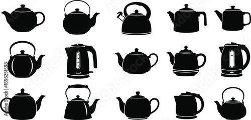 Teapot and kettle silhouettes set showing classic and electric designs, black vector illustration for kitchenware, tea brewing, household appliances, and graphic design use