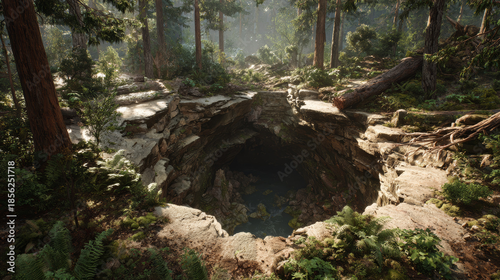 Fototapeta premium Large natural hole in the ground within a dense, lush forest with tall trees and sunlight filtering through the canopy