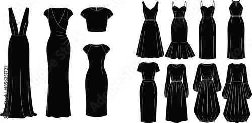 Women dress silhouettes collection, elegant evening gowns and casual fashion clothing, modern female apparel set, black vector illustration for design and tailoring