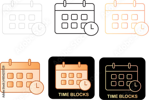 minimalist vector calendar icons with integrated clock symbols, for illustrating effective time blocking, event planning, and organized schedule management applications