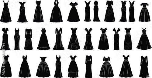 Women evening dress silhouettes vector collection, elegant long gown fashion set, formal female wear designs, luxury clothing illustration, classic and modern styles
