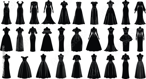 Women evening gown silhouettes vector collection, elegant long dress fashion set, formal female wear designs, luxury clothing illustration, classic and modern styles