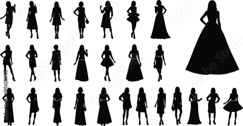 Women fashion silhouettes vector collection, elegant female poses in dresses and gowns set, stylish modern outfits illustration, black minimal style design elements