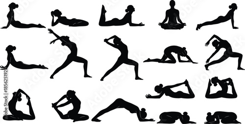 Yoga silhouettes vector collection, female yoga poses and meditation exercises set, healthy lifestyle fitness illustration, stretching balance positions, black minimal design