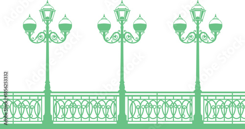 Vintage street lamps, ornate railing, urban design, architectural detail, lantern illustration, black white graphic, decorative ironwork, classic style, cityscape element