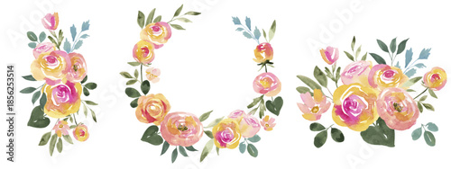 Pink and Orange Watercolor Floral Bouquet Elements Set Isolated