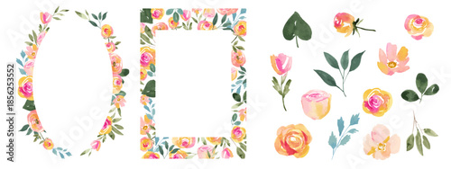 Pink and Orange Watercolor Floral Frame and Botanical Elements Set
