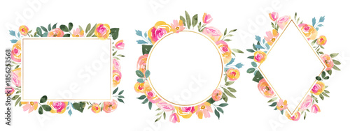 Set of Pink and Orange Watercolor Floral Frames Square Circle Diamond
