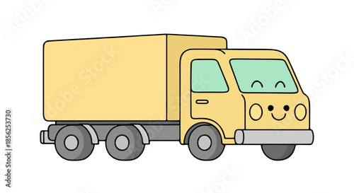 A yellow cartoon truck with a smiley face driving on a white background
