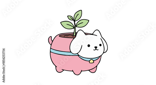 A cartoon white dog in a pink piggy bank with a small plant growing out of it