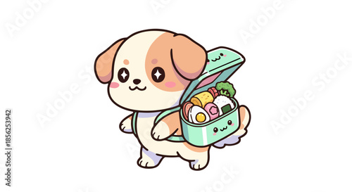 A cartoon dog holding a lunch box full of colorful food