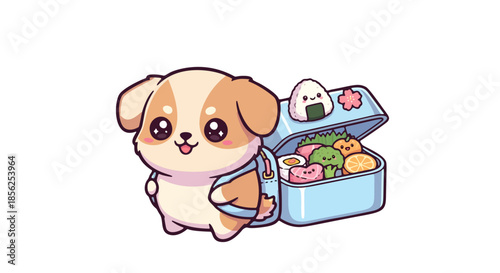 A cartoon dog holding a lunchbox with various food items and a smiling rice ball