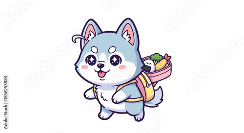 Cartoon dog carrying a basket of fruit on its back in a playful illustration