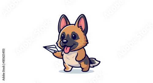 Cartoon dog holding papers in a playful stance on a white background