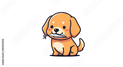 Adorable cartoon dog illustration with a bone in mouth sitting happily