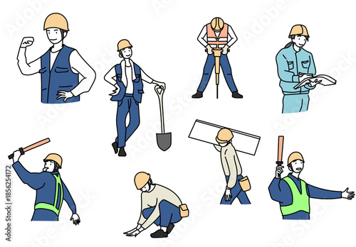 建設現場で働く作業員のさまざまな動作や役割を描いたシンプルなイラスト素材｜工事や土木や安全管理など現場作業をイメージしたビジュアル表現