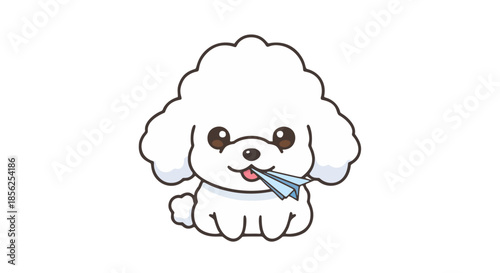 A cartoon white poodle with a toothbrush in its mouth is sitting on a white background