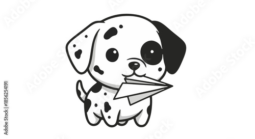 A cartoon dog holding a paper airplane in its mouth, sitting on a plain white background, depicted in a simple black and white illustration style.