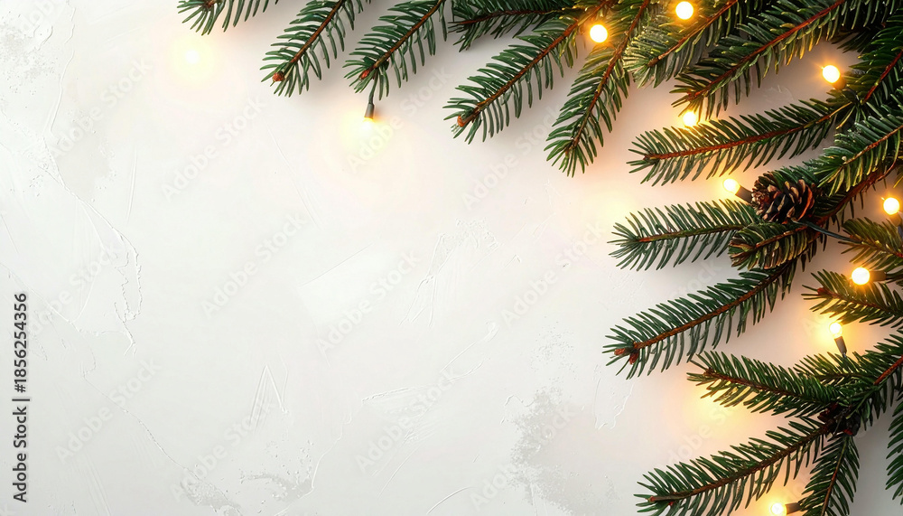 Obraz premium Christmas tree branch with warm string lights and a pinecone on a light textured background, offering copy space for holiday greetings.