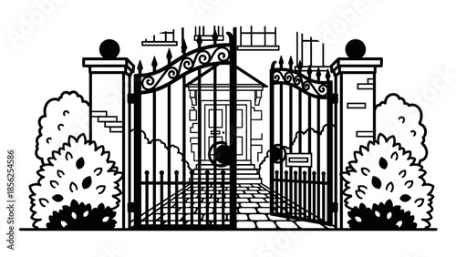 Ornate Metal Gate with Decorative Pillars.