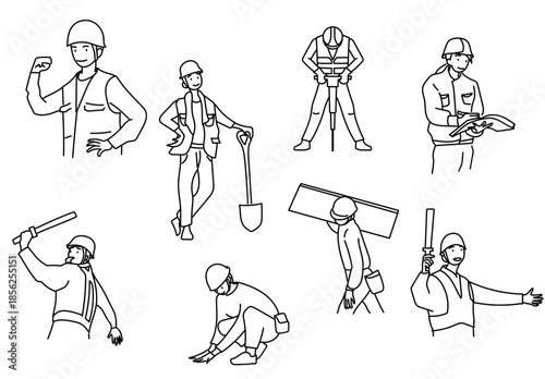 建設現場で働く作業員の多様な作業動作を線画で表現したシンプルなイラスト素材｜工事や土木や安全管理をモノクロ表現でまとめた建設イメージ