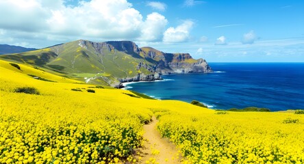 Tableau sur plexiglas Jaune Field of Yellow Canola Flowers before Sanbangsan Mountain and Sea, Jeju Island, Korea  © 唯雅 李