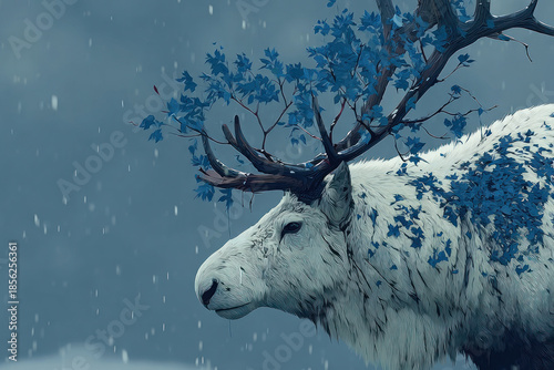 A conceptual artistic illustration featuring a white deer, whose antlers merge into tree branches with blue leaves 