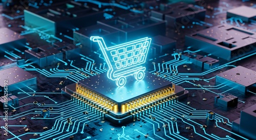 Digital Shopping Cart Icon on a Futuristic Circuit Board Concept for E commerce Technology and Online Business