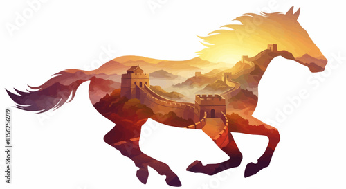 Majestic Galloping Horse Silhouette Merged with the Great Wall of China at Sunset