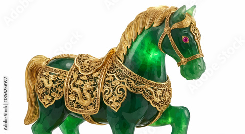 Exquisite Green Jade Horse Statue Adorned with Gold Filigree and Gemstone Accents