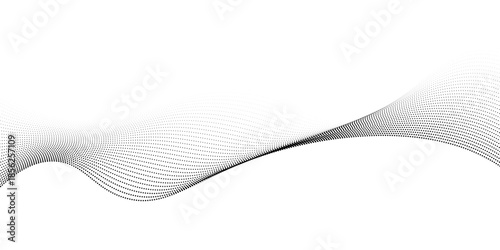 Abstract flowing dots particles wavy pattern 3D curve halftone black background. Gradient curve shape isolated on white.