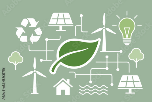 Green Energy Ecosystem with Renewable Power Sources and Nature Icons