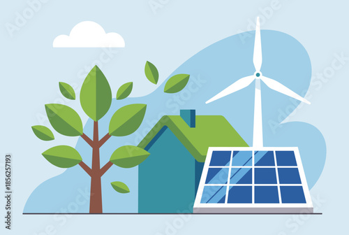 Sustainable Home with Renewable Energy Sources and Green Tree