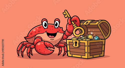 Cartoon crab with treasure and key, on coral background. Open chest has gold and gems
