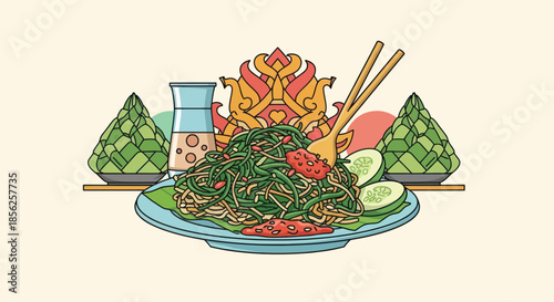 A colorful illustration depicts an Indonesian meal with noodles, side dishes, and intricate decorations