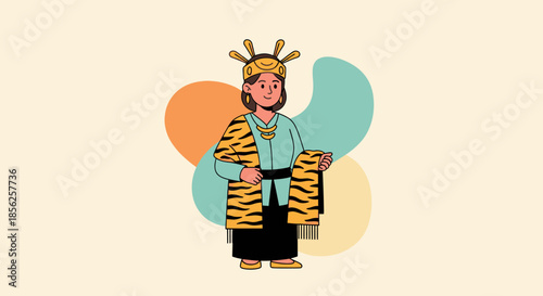 Illustration of a woman in traditional attire with tiger-striped shawl, crown, and background shapes