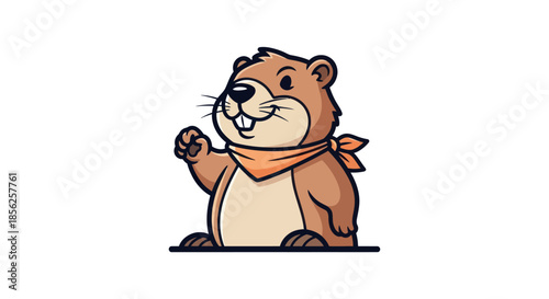 Friendly cartoon rodent with a bandana, waving. Styled in cartoon design with clean outlines