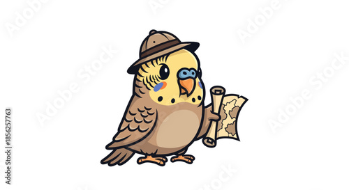 A cartoon parakeet adventurer, wearing a hat, holding a map scroll, on a white background
