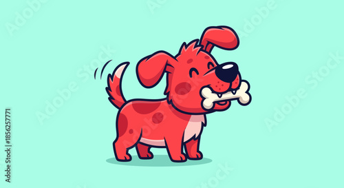 Cartoon red dog with bone in mouth wags tail, smiles, on teal background
