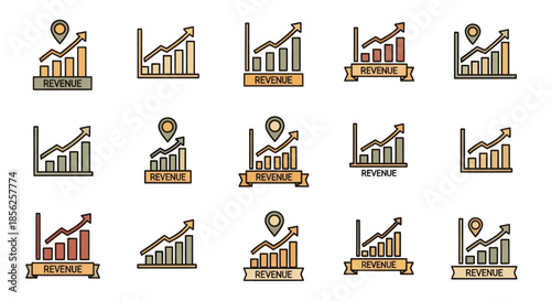 Fifteen variations of upward trending bar charts, with "REVENUE" ribbons and arrows