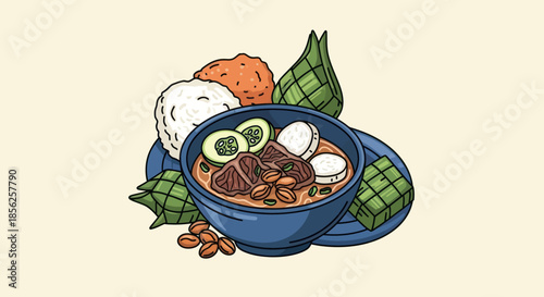A vibrant illustration of Indonesian food, including soup, rice, vegetables, and traditional rice cakes