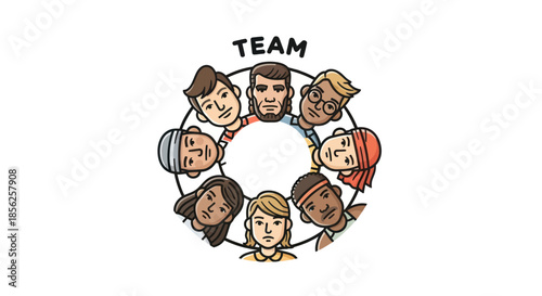 Cartoon of diverse people in a circle, with "TEAM" above. Faces look to the center